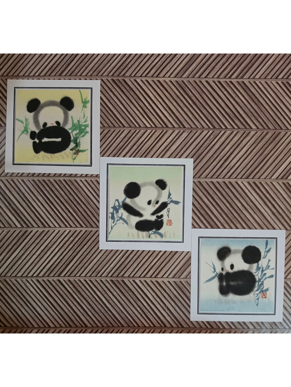Set of 3 Vintage Panda Art Prints with Asian Calligraphy